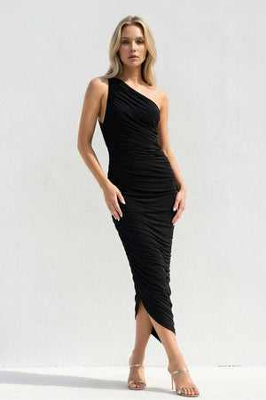 One Shoulder Ruched Sheath Midi Dress in Black - SHE IS ME