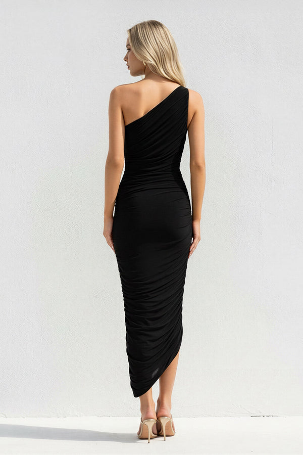 One Shoulder Ruched Sheath Midi Dress in Black - SHE IS ME