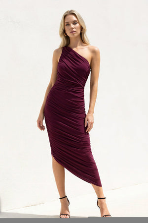 One Shoulder Ruched Sheath Midi Dress in Burgundy - SHE IS ME