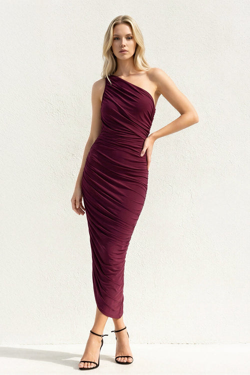One Shoulder Ruched Sheath Midi Dress in Burgundy - SHE IS ME