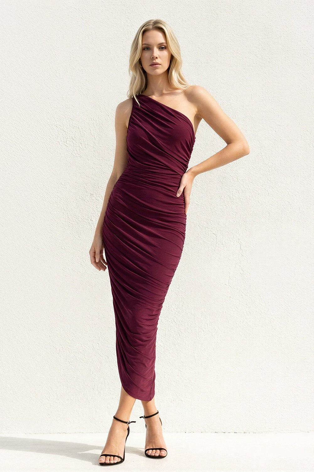One Shoulder Ruched Sheath Midi Dress in Burgundy - SHE IS ME