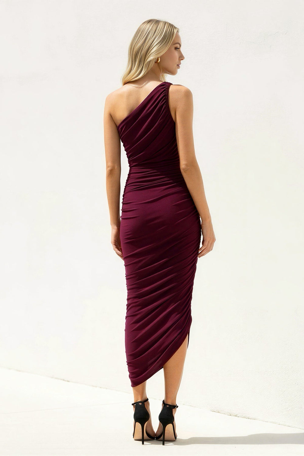 One Shoulder Ruched Sheath Midi Dress in Burgundy - SHE IS ME