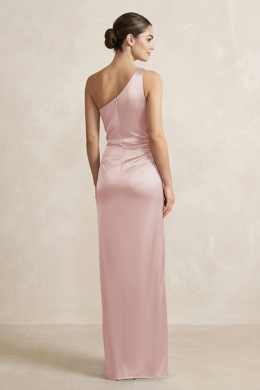One - Shoulder Ruched Sheath Satin Bridesmaid Dress in English Rose - SHE IS ME Bridesmaid Dresses