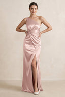 One - Shoulder Ruched Sheath Satin Bridesmaid Dress in English Rose - SHE IS ME Bridesmaid Dresses