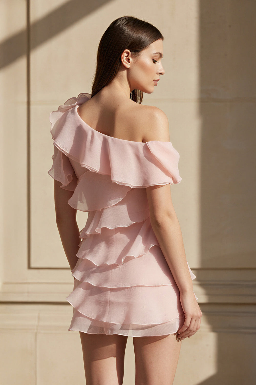 One Shoulder Ruffled Mini Dress in Pink - SHE IS ME