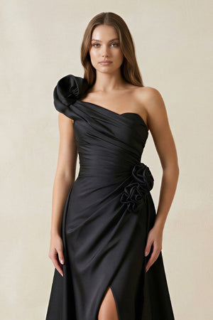 One - Shoulder Satin A - Line Ruched Wedding Dress with Slit in Black - SHE IS ME Wedding Dresses