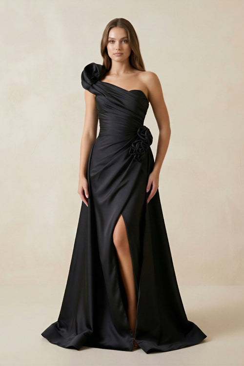 One - Shoulder Satin A - Line Ruched Wedding Dress with Slit in Black - SHE IS ME Wedding Dresses
