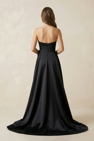 One - Shoulder Satin A - Line Ruched Wedding Dress with Slit in Black - SHE IS ME Wedding Dresses