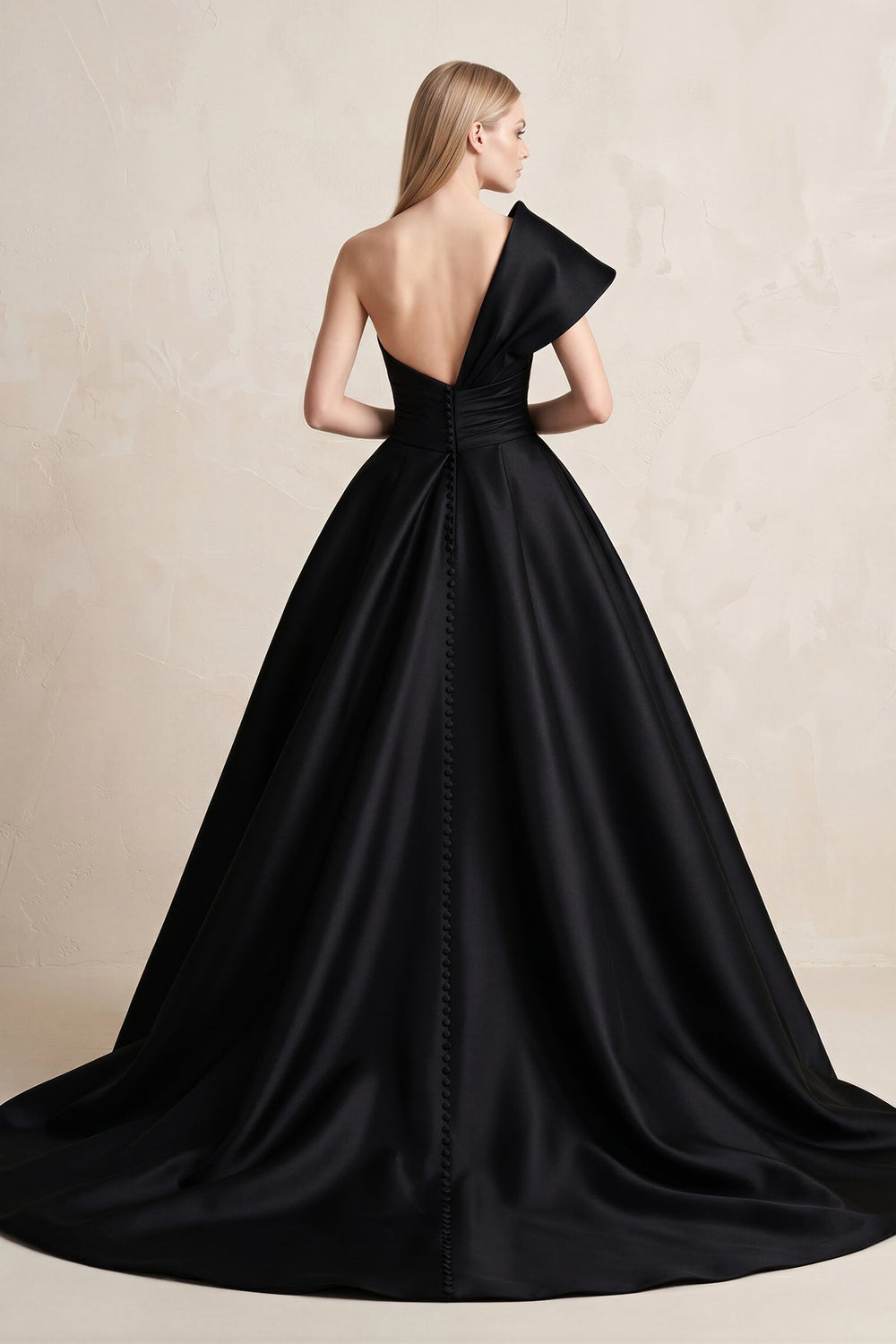 One - Shoulder Satin Ball Gown Wedding Dress in Black - SHE IS ME Wedding Dresses