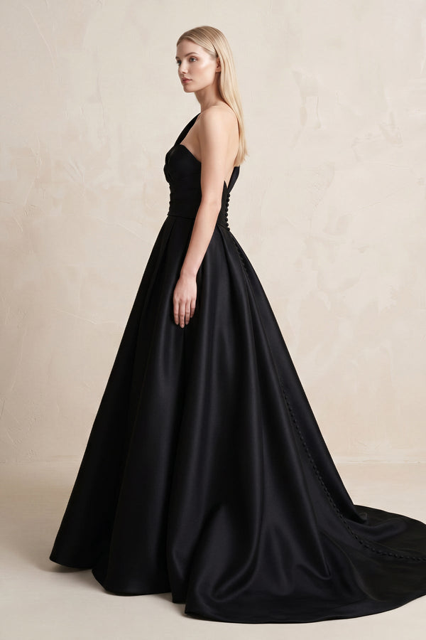 One - Shoulder Satin Ball Gown Wedding Dress in Black - SHE IS ME Wedding Dresses