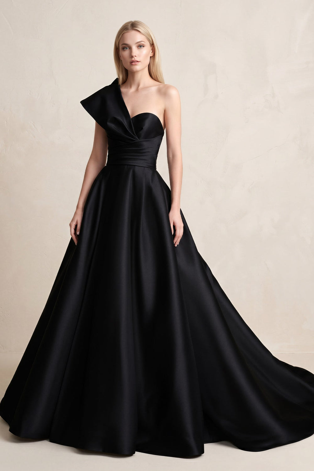 One - Shoulder Satin Ball Gown Wedding Dress in Black - SHE IS ME Wedding Dresses