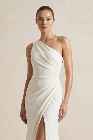 One - Shoulder Satin Mermaid Ruched Wedding Dress With Slit in Ivory - SHE IS ME Wedding Dresses