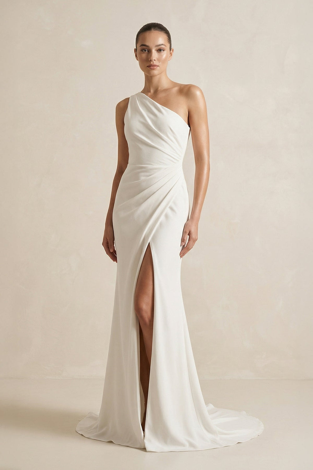 One - Shoulder Satin Mermaid Ruched Wedding Dress With Slit in Ivory - SHE IS ME Wedding Dresses