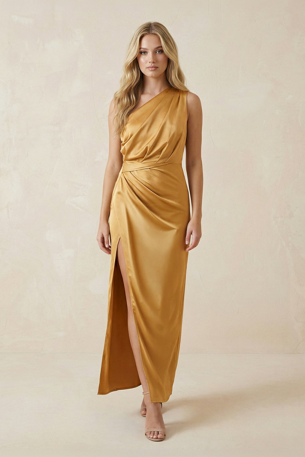 One - Shoulder Satin Ruched Sheath Bridesmaid Dress in Marigold - SHE IS ME Bridesmaid Dresses