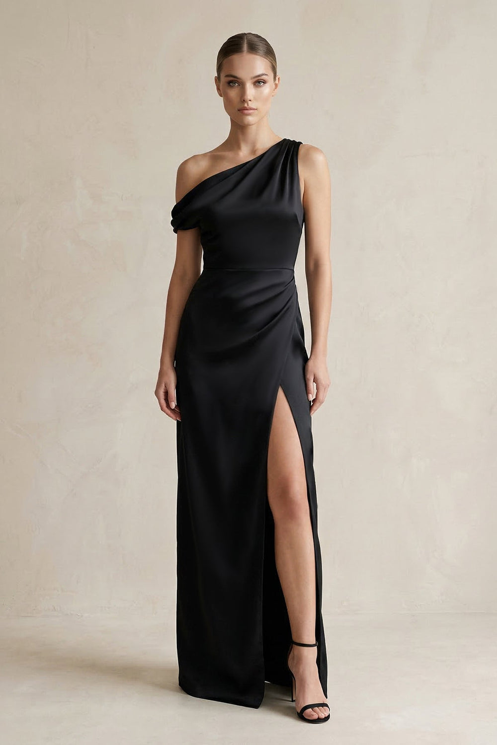 One - Shoulder Satin Sheath Bridesmaid Dress With Slit in Black - SHE IS ME Bridesmaid Dresses