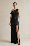 One - Shoulder Satin Sheath Bridesmaid Dress With Slit in Black - SHE IS ME Bridesmaid Dresses