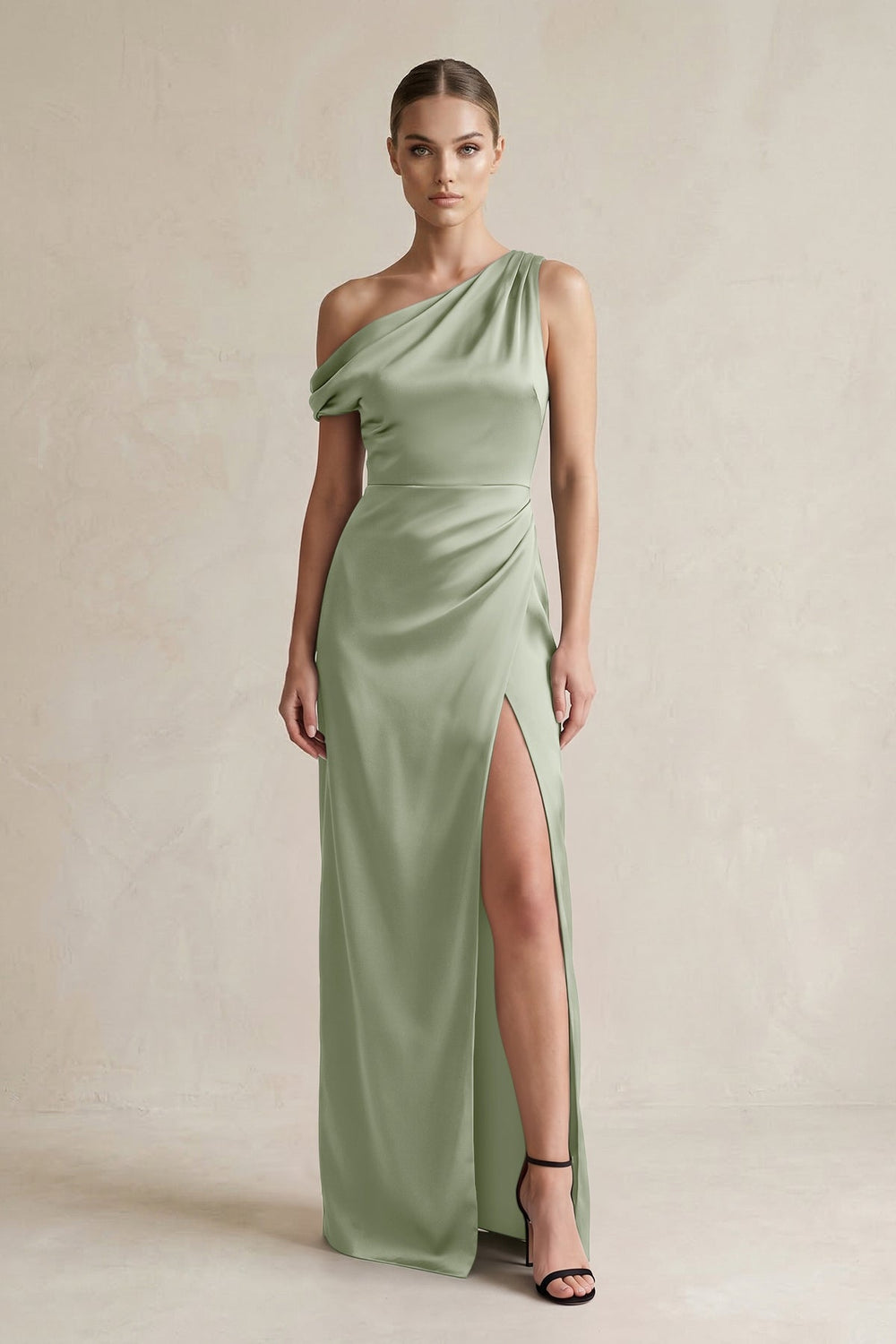 One - Shoulder Satin Sheath Bridesmaid Dress With Slit in Dove Gray - SHE IS ME Bridesmaid Dresses