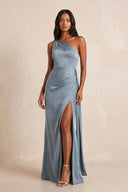 One-shoulder Satin Sheath Maxi Dress in Dusty Blue– SHE IS ME Dresses