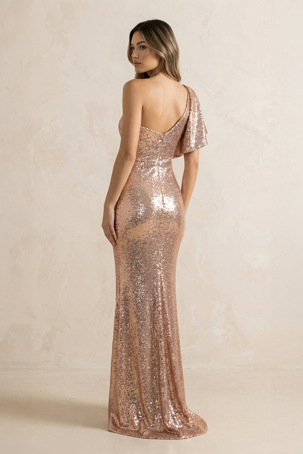 One Shoulder Sequins Gown in Rose Gold - SHE IS ME PROM DRESSES
