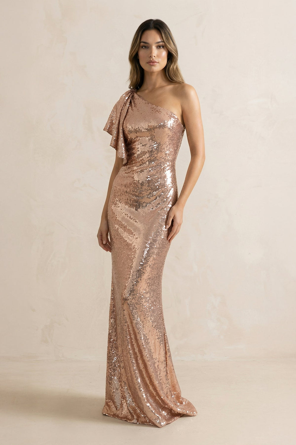 One Shoulder Sequins Gown in Rose Gold - SHE IS ME PROM DRESSES