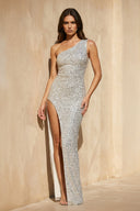 One Shoulder Sequins Maxi Dress With Slit in Silver - SHE IS ME