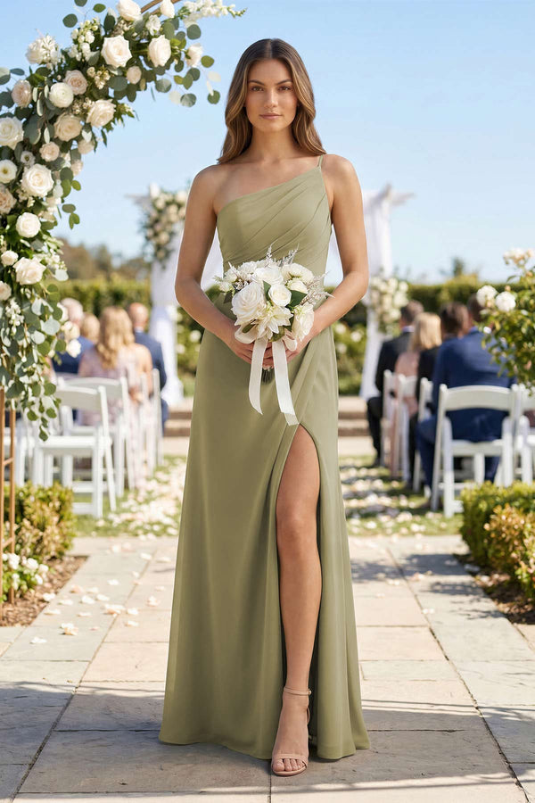One - Shoulder Sheath Chiffon Ruched Bridesmaid Dress in Thyme - SHE IS ME Bridesmaid Dresses