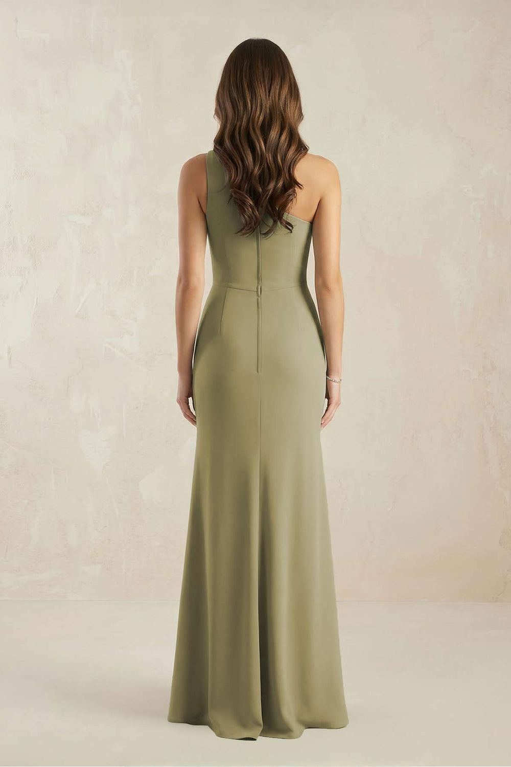 One - Shoulder Sheath Chiffon Ruched Bridesmaid Dress in Thyme - SHE IS ME Bridesmaid Dresses