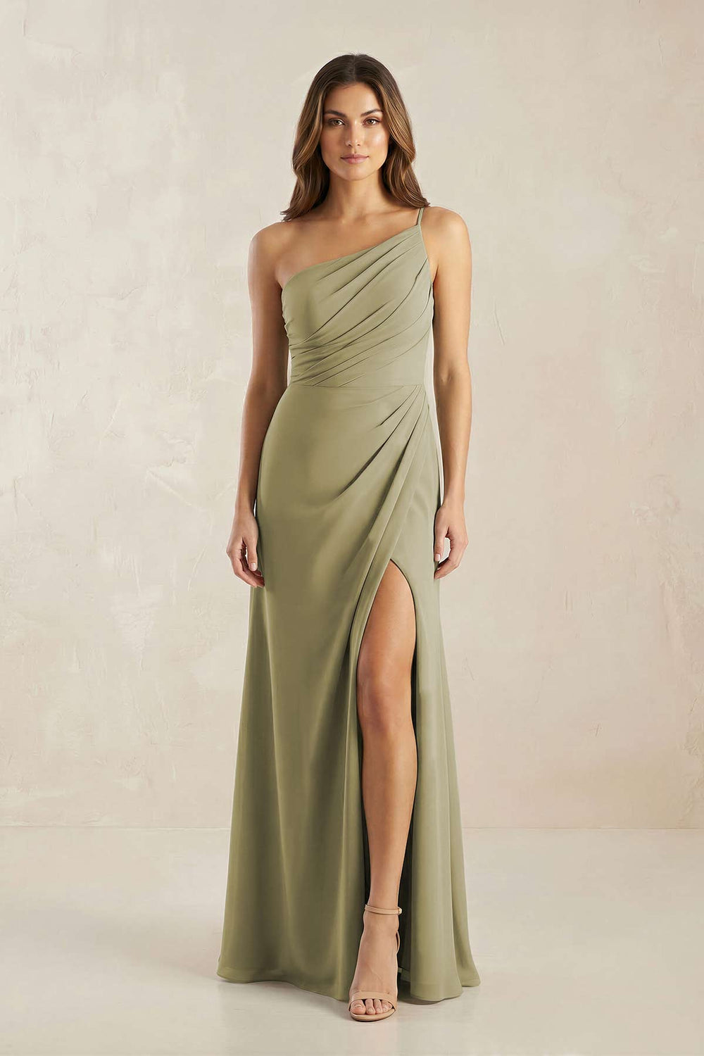 One - Shoulder Sheath Chiffon Ruched Bridesmaid Dress in Thyme - SHE IS ME Bridesmaid Dresses