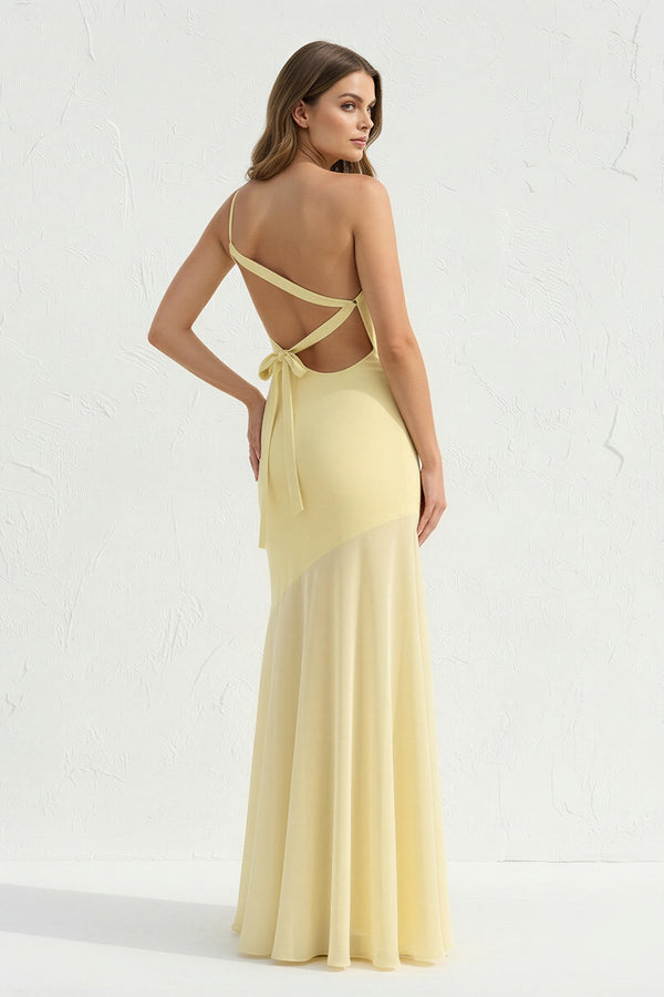 One Shoulder Sheath Open Back Maxi Dress in Yellow - SHE IS ME Prom Dresses