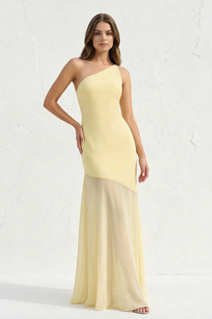 One Shoulder Sheath Open Back Maxi Dress in Yellow - SHE IS ME Prom Dresses