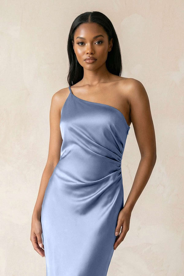 One - Shoulder Sheath Ruched Bridesmaid Dress in Mist - SHE IS ME Bridesmaid Dresses