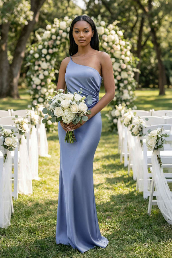 One - Shoulder Sheath Ruched Bridesmaid Dress in Mist - SHE IS ME Bridesmaid Dresses