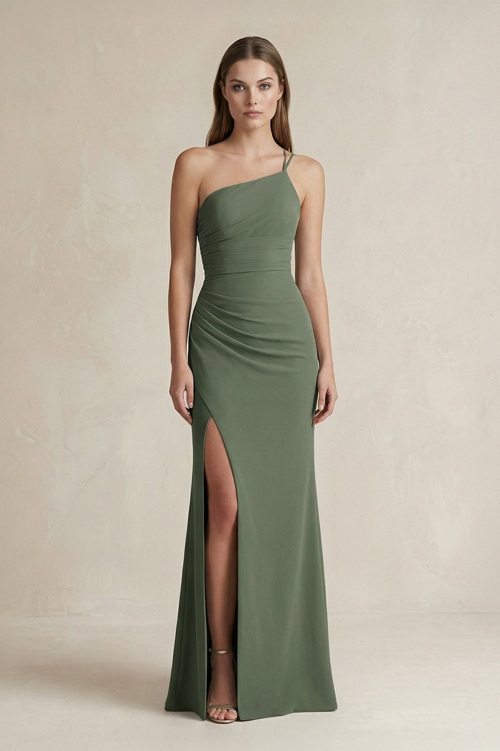 One - Shoulder Sheath Satin Bridesmaid Dress in Thyme - SHE IS ME Bridesmaid Dresses