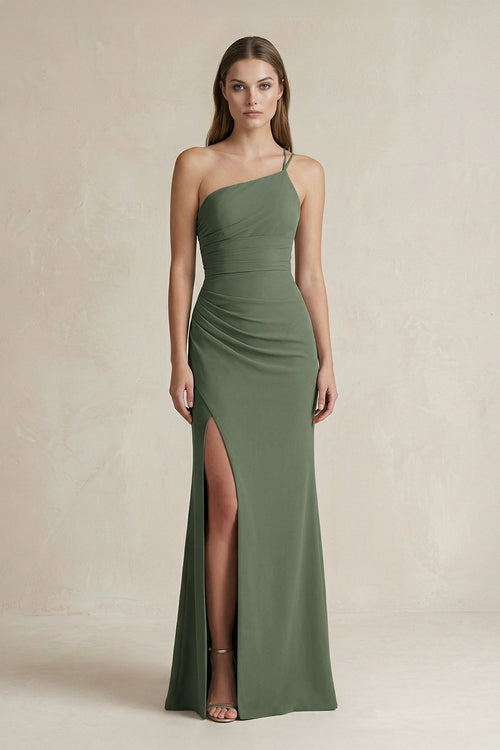 One - Shoulder Sheath Satin Bridesmaid Dress in Thyme - SHE IS ME Bridesmaid Dresses