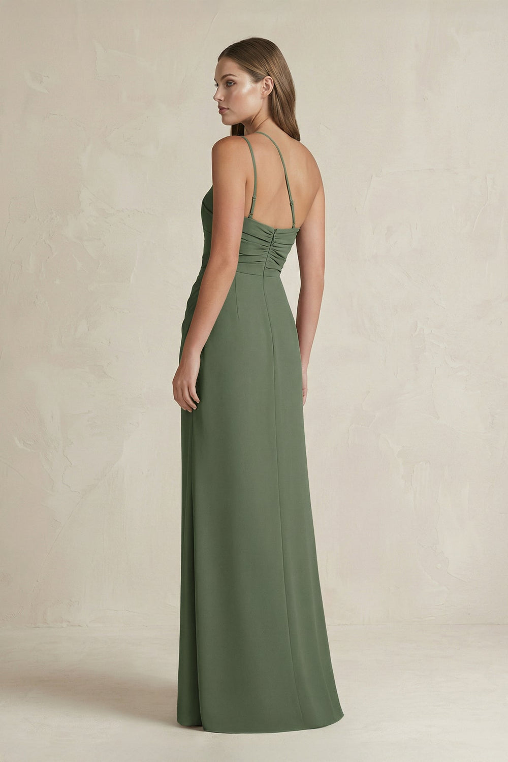 One - Shoulder Sheath Satin Bridesmaid Dress in Thyme - SHE IS ME Bridesmaid Dresses
