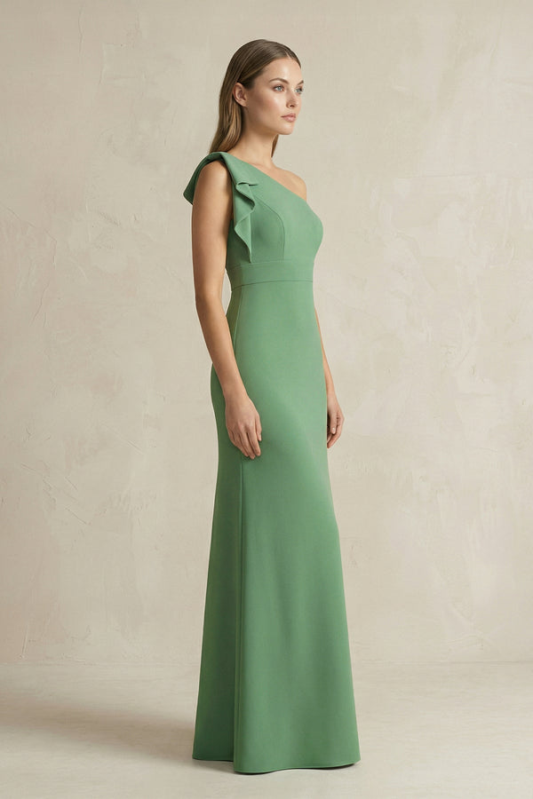 One - Shoulder Sheath Satin Long Bridesmaid Dress in Matcha - SHE IS ME Bridesmaid Dresses