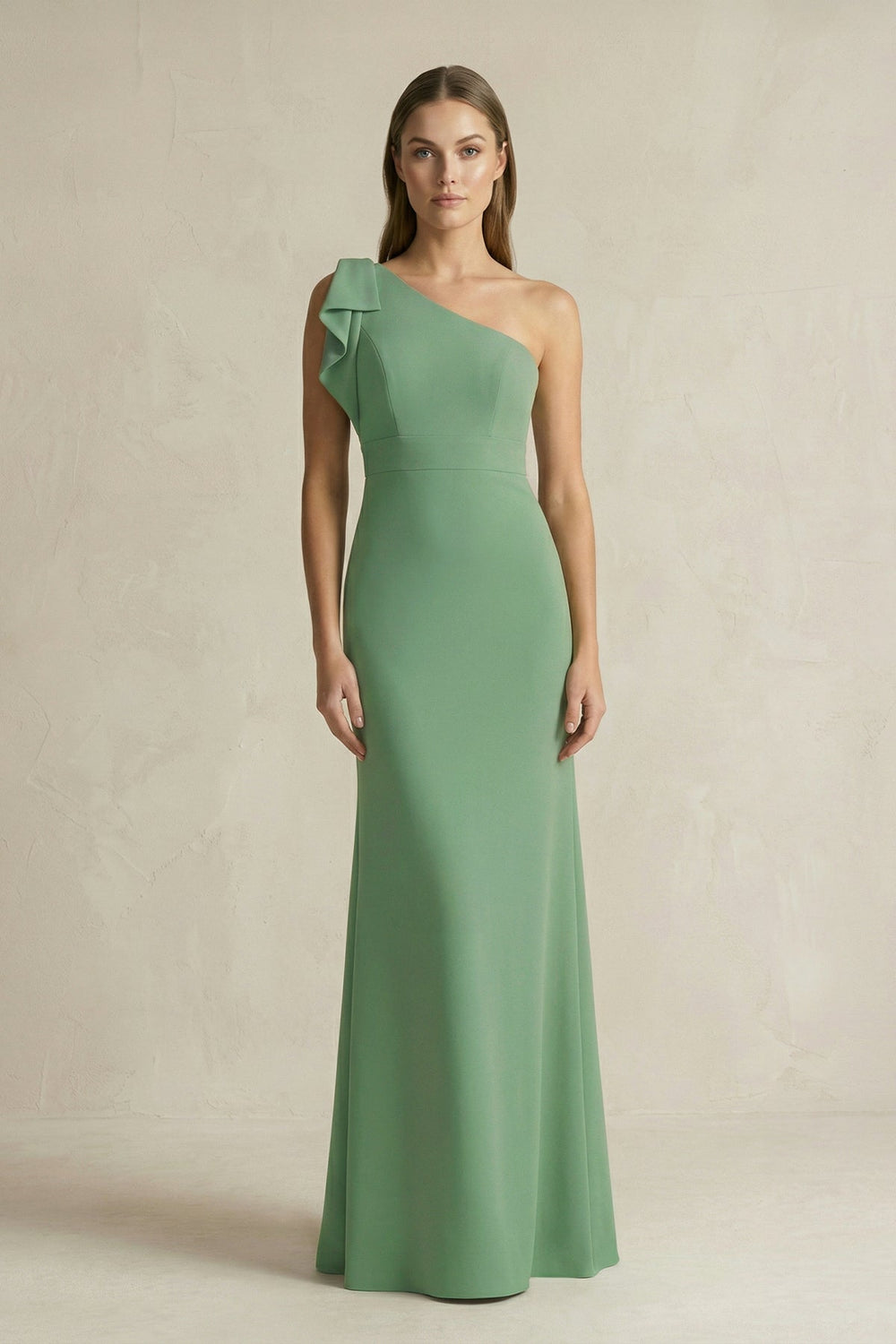 One - Shoulder Sheath Satin Long Bridesmaid Dress in Matcha - SHE IS ME Bridesmaid Dresses