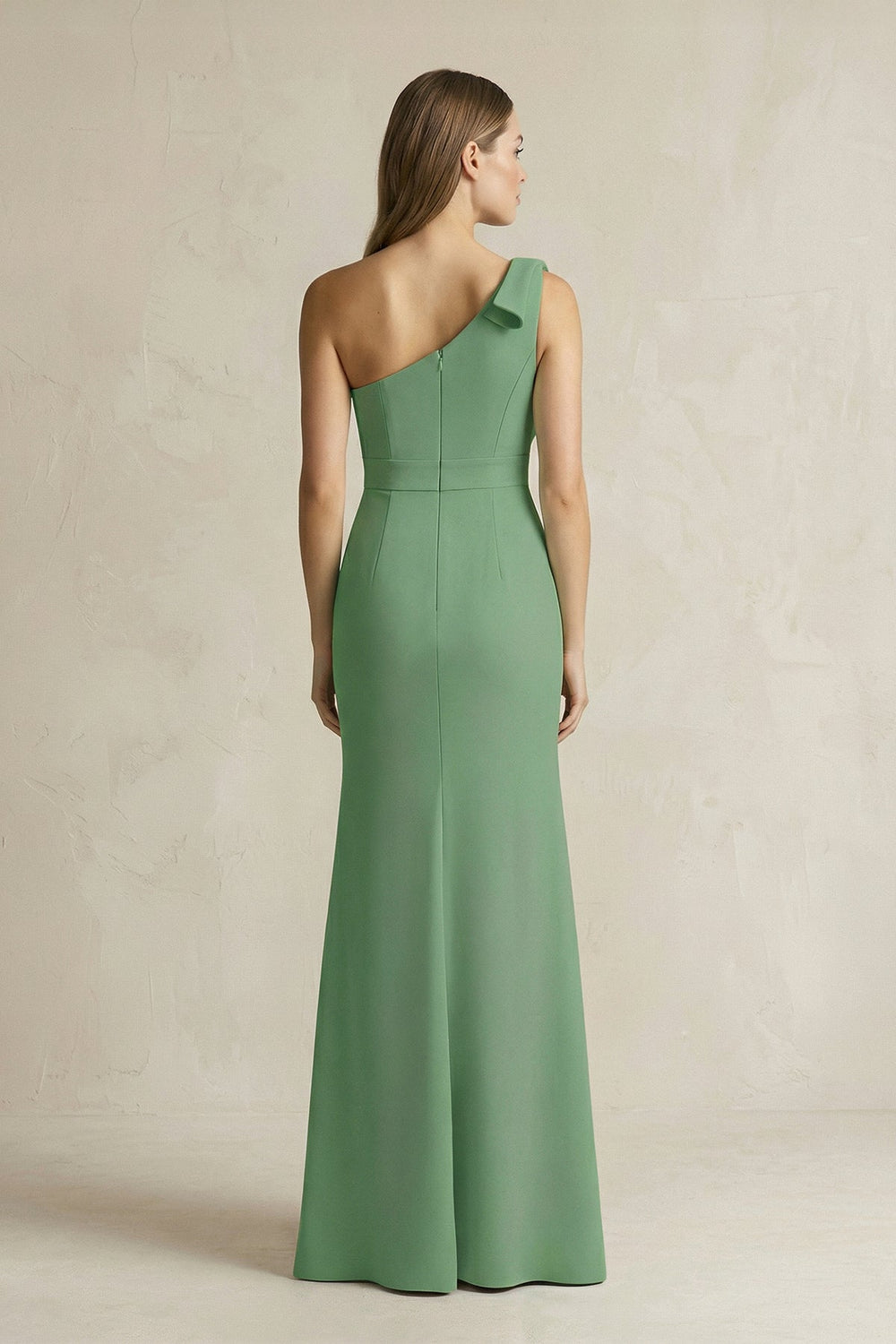 One - Shoulder Sheath Satin Long Bridesmaid Dress in Matcha - SHE IS ME Bridesmaid Dresses