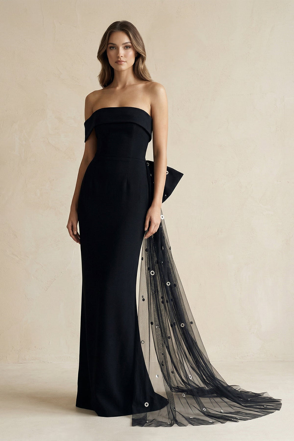 One - Shoulder Sheath Satin Wedding Dress With Back Bow in Black - SHE IS ME Wedding Dresses
