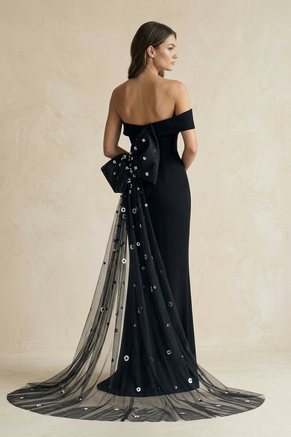 One - Shoulder Sheath Satin Wedding Dress With Back Bow in Black - SHE IS ME Wedding Dresses