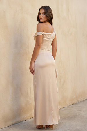 One Shoulder Slit Maxi Dress in Champagne - SHE IS ME