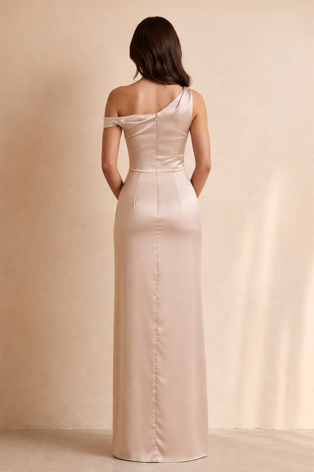 One Shoulder Slit Maxi Dress in Champagne - SHE IS ME Prom Dresses