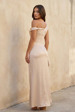 One Shoulder Slit Maxi Dress in Champagne - SHE IS ME Prom Dresses