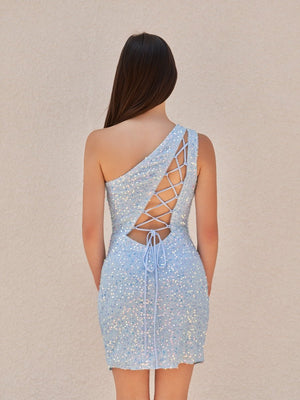 One Shoulder Tight Sky Blue Mini Party Dresses - SHEISME