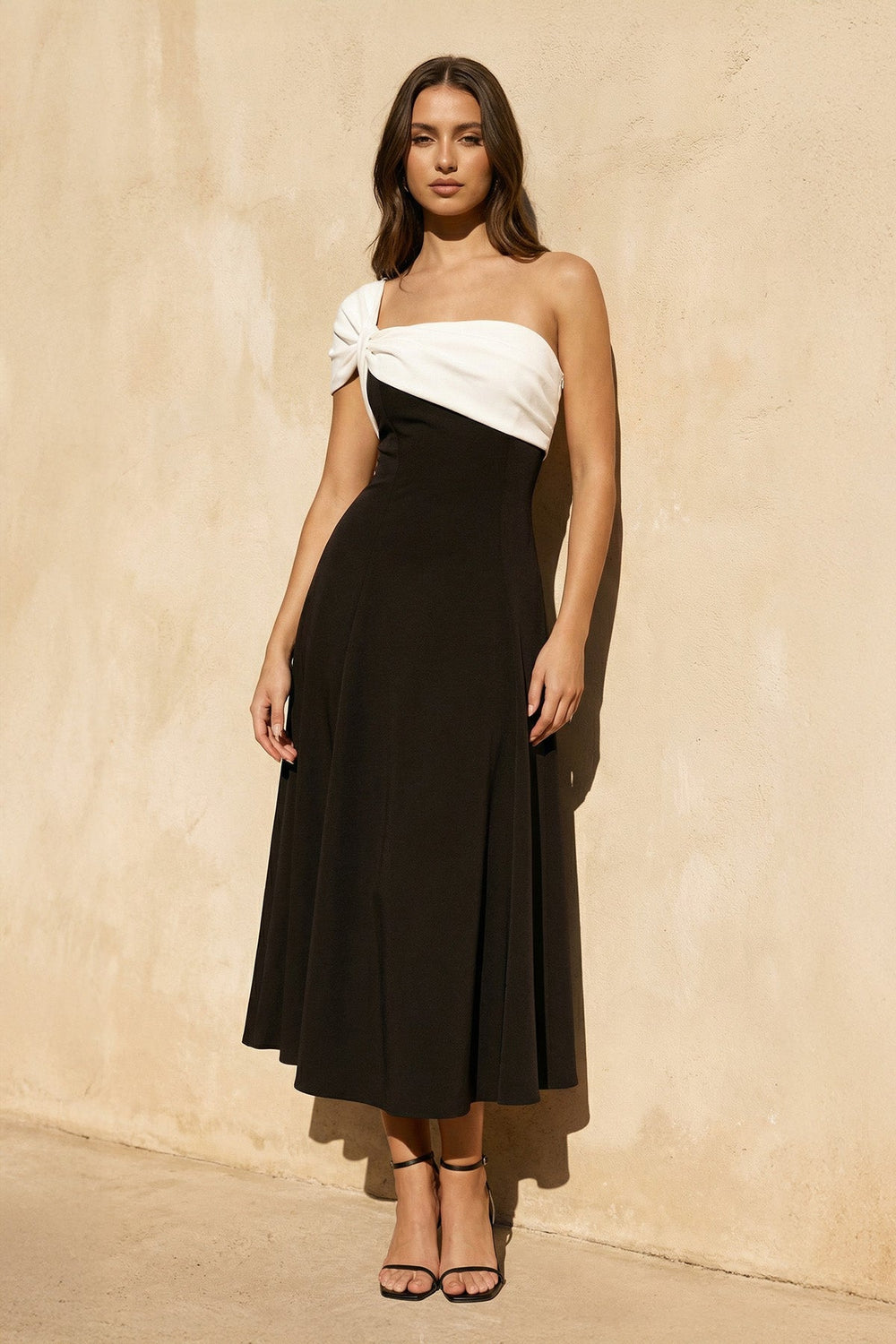 One Shoulder Twist Midi Dress in Black and White - SHE IS ME