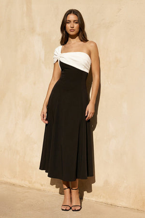 One Shoulder Twist Midi Dress in Black and White - SHE IS ME