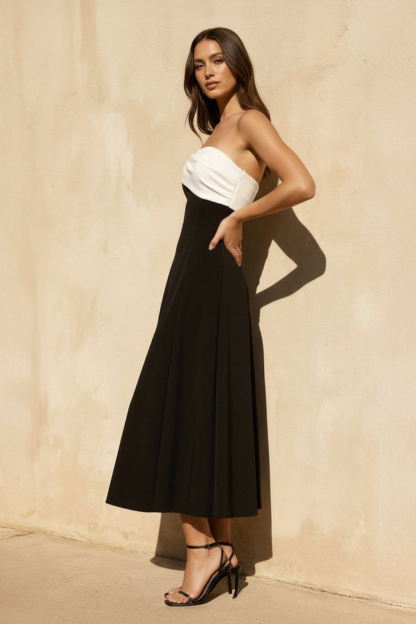 One Shoulder Twist Midi Dress in Black and White - SHE IS ME