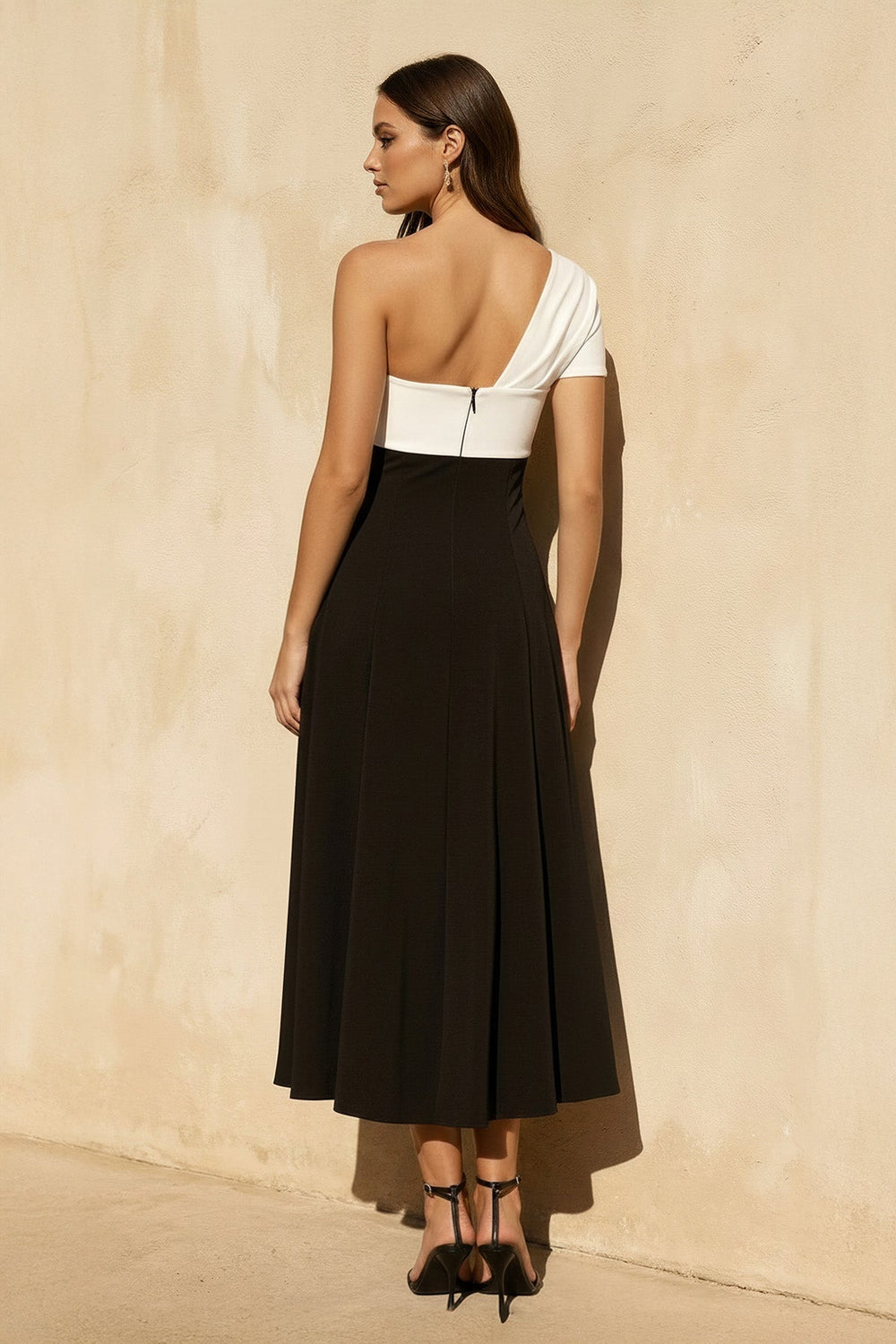 One Shoulder Twist Midi Dress in Black and White - SHE IS ME