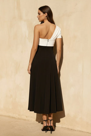 One Shoulder Twist Midi Dress in Black and White - SHE IS ME