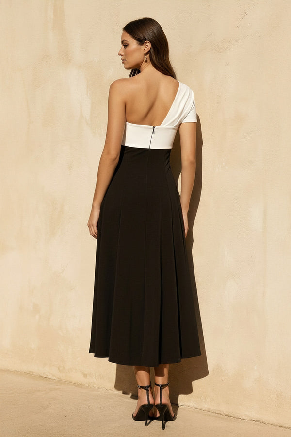 One Shoulder Twist Midi Dress in Black and White - SHE IS ME